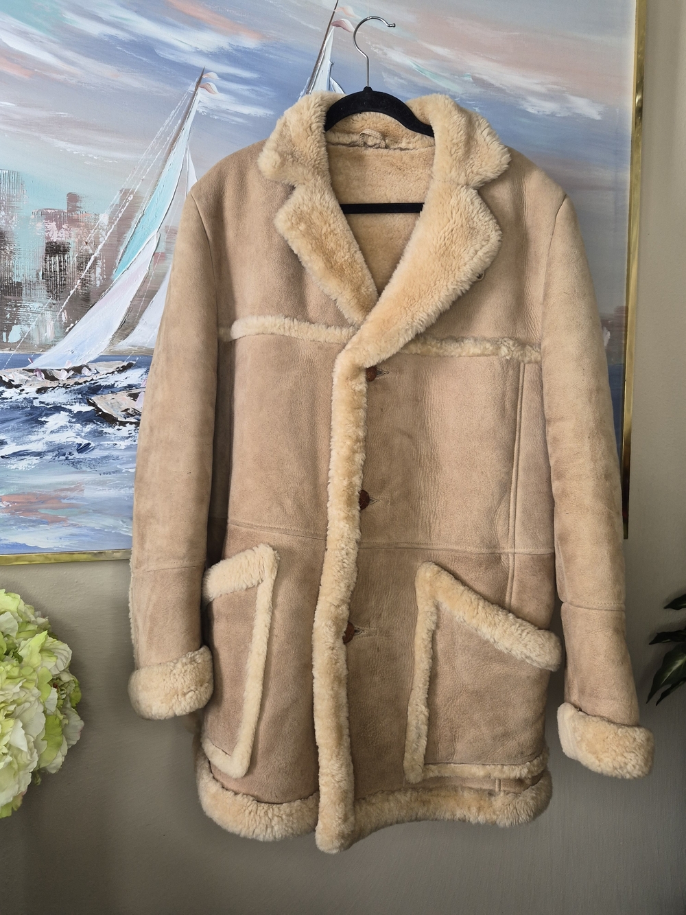 Vintage Knight Tailor Men's Shearling Pea Coat in Cream Tan